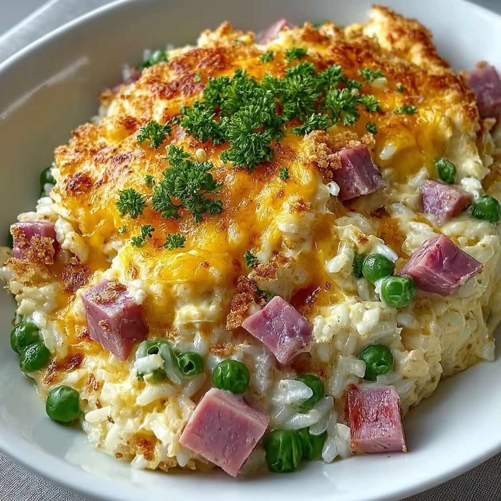A close up of a cheesy ham and pea casserole.