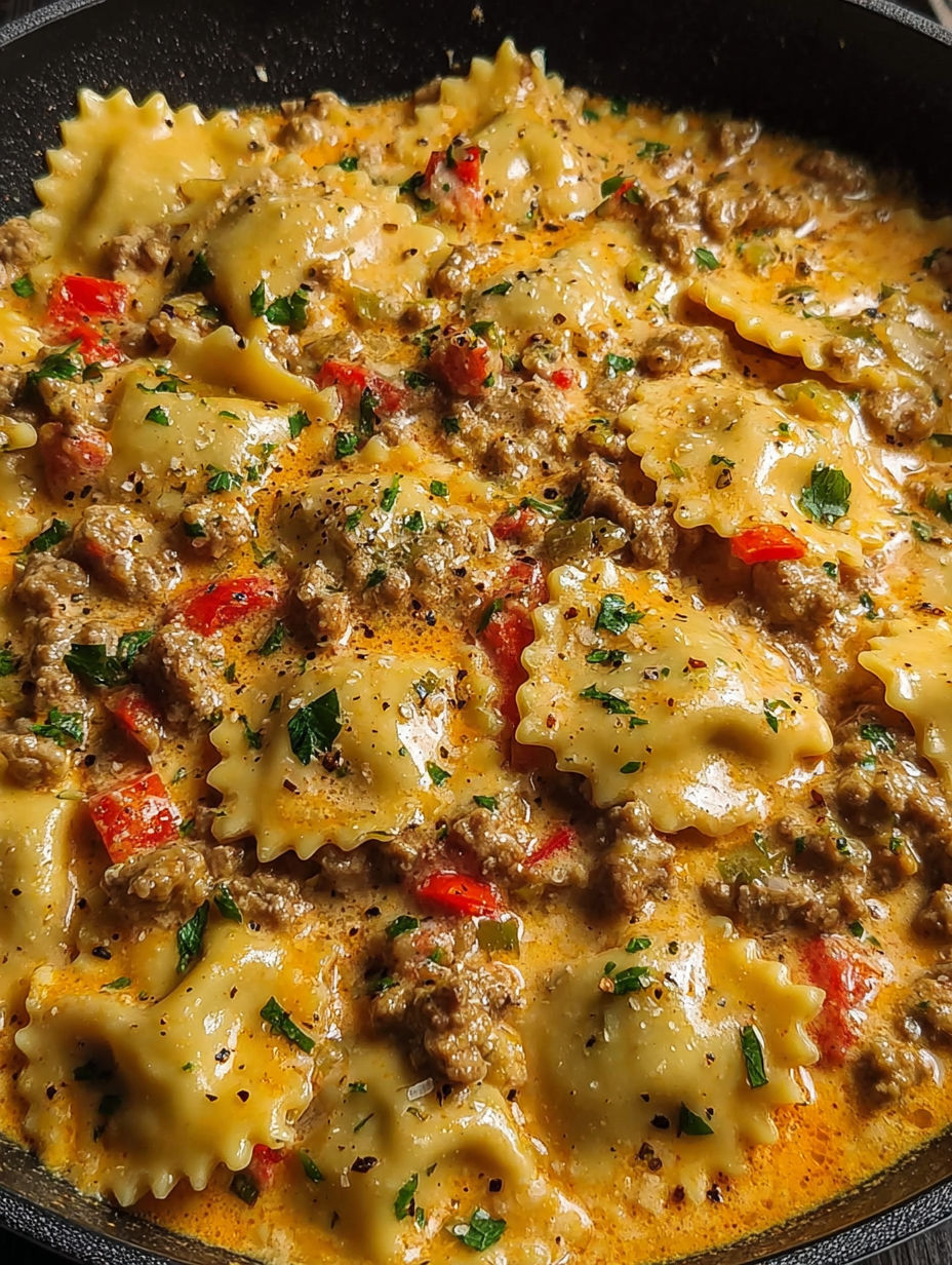 A close up of a creamy cajun sausage ravioli.