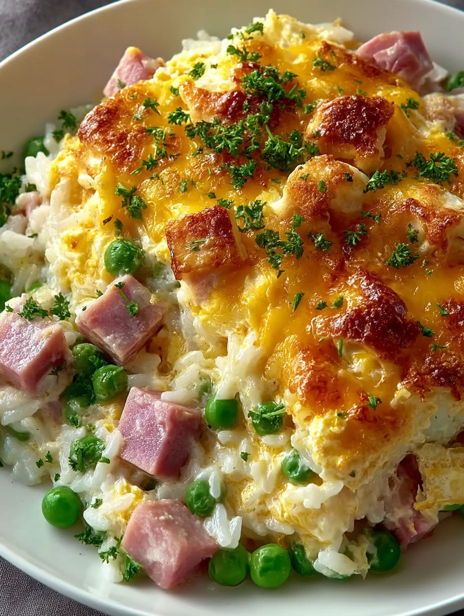 A close up of a cheesy ham and pea casserole.