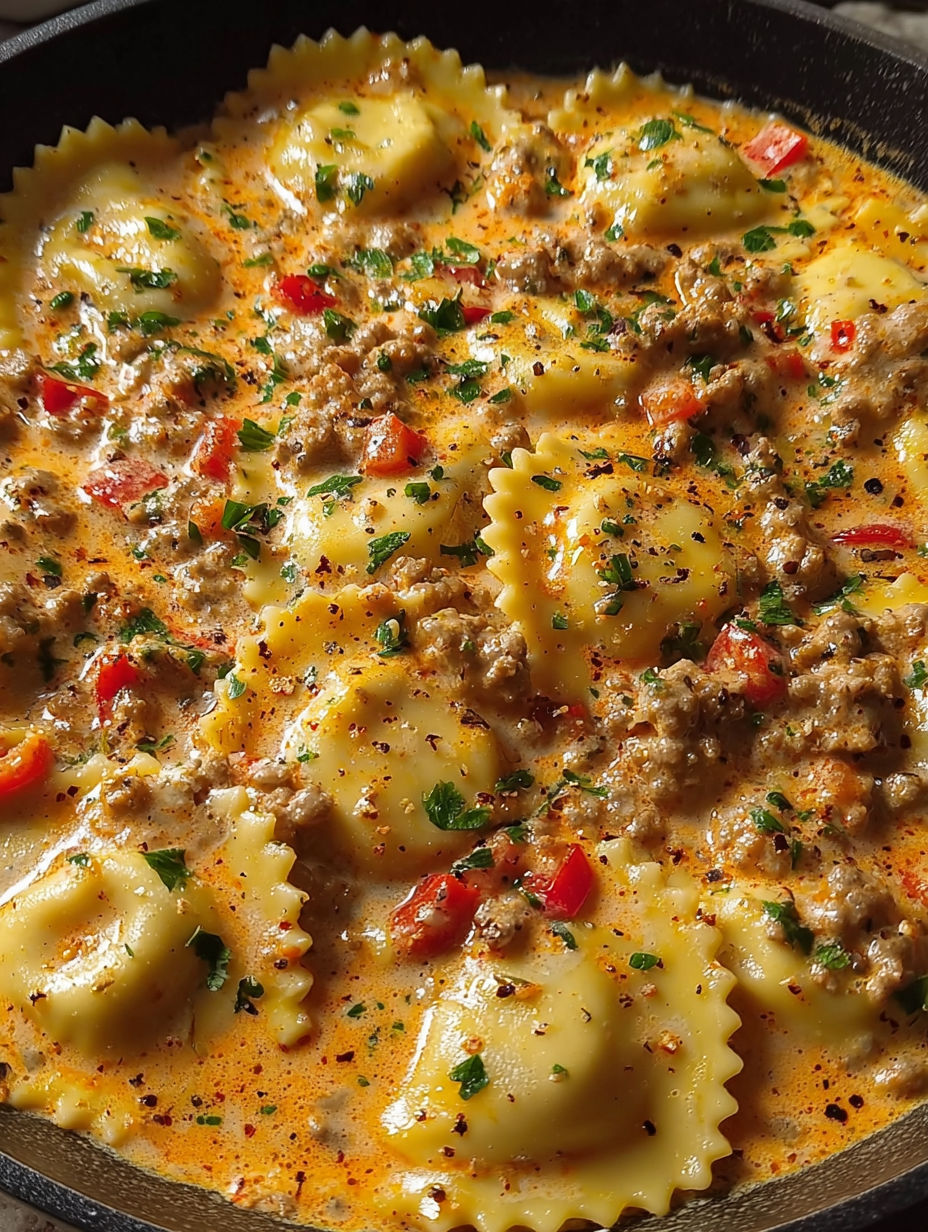 A plate of Creamy Cajun Sausage Ravioli.