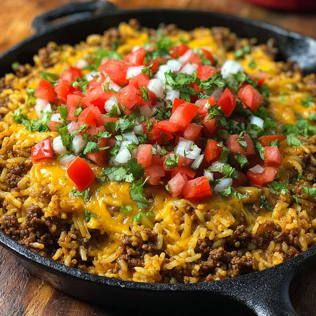 A skillet full of cheesy taco rice.