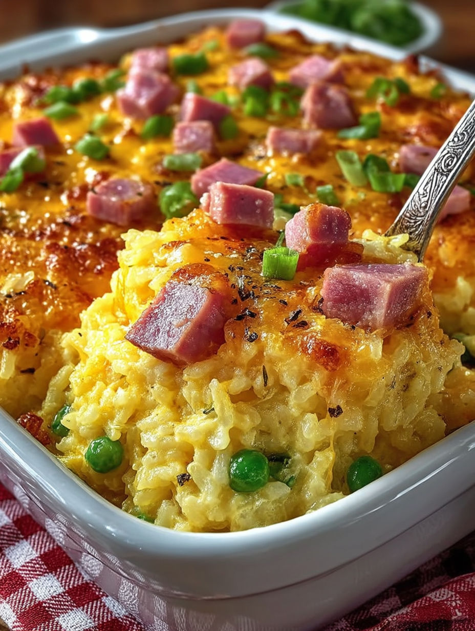 A close up of a cheesy ham and pea casserole.