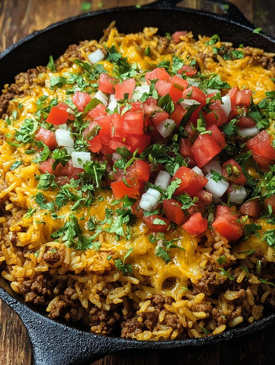 A delicious cheesy taco rice skillet dinner.