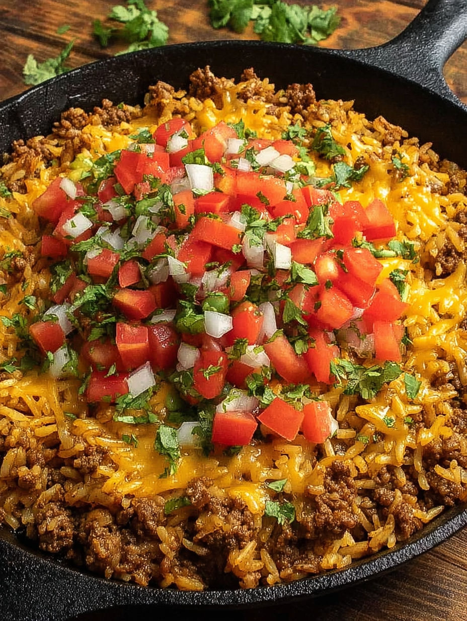 A skillet with a cheesy taco rice dinner.