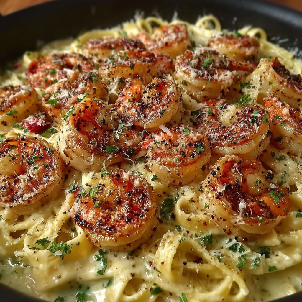 A delicious one pan shrimp fettuccine alfredo.