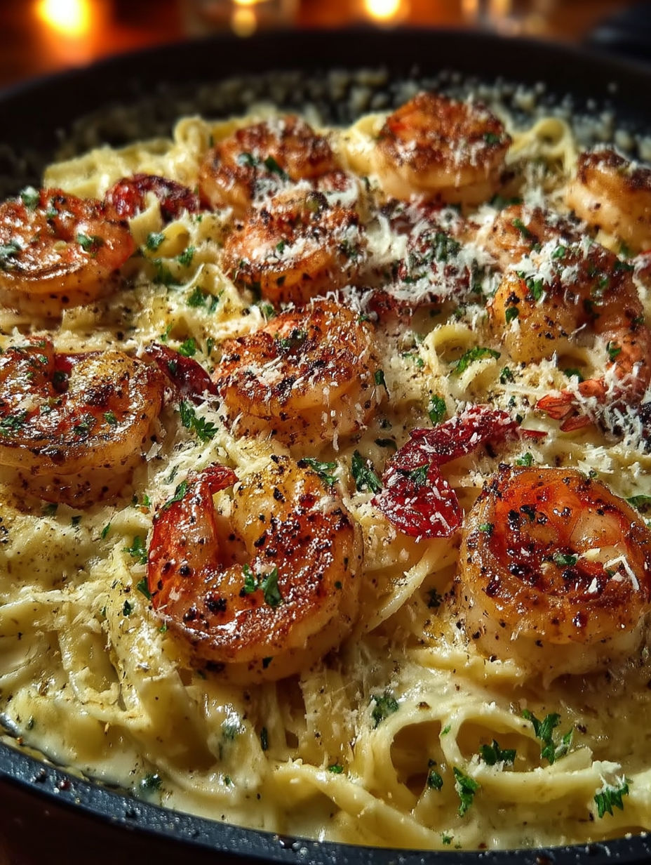 A dish of shrimp fettuccine alfredo.