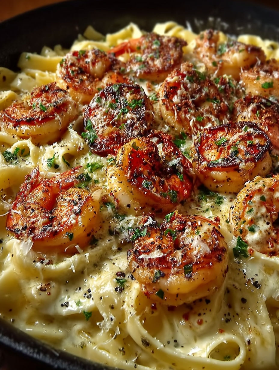 A close up of a delicious one pan shrimp fettuccine alfredo.