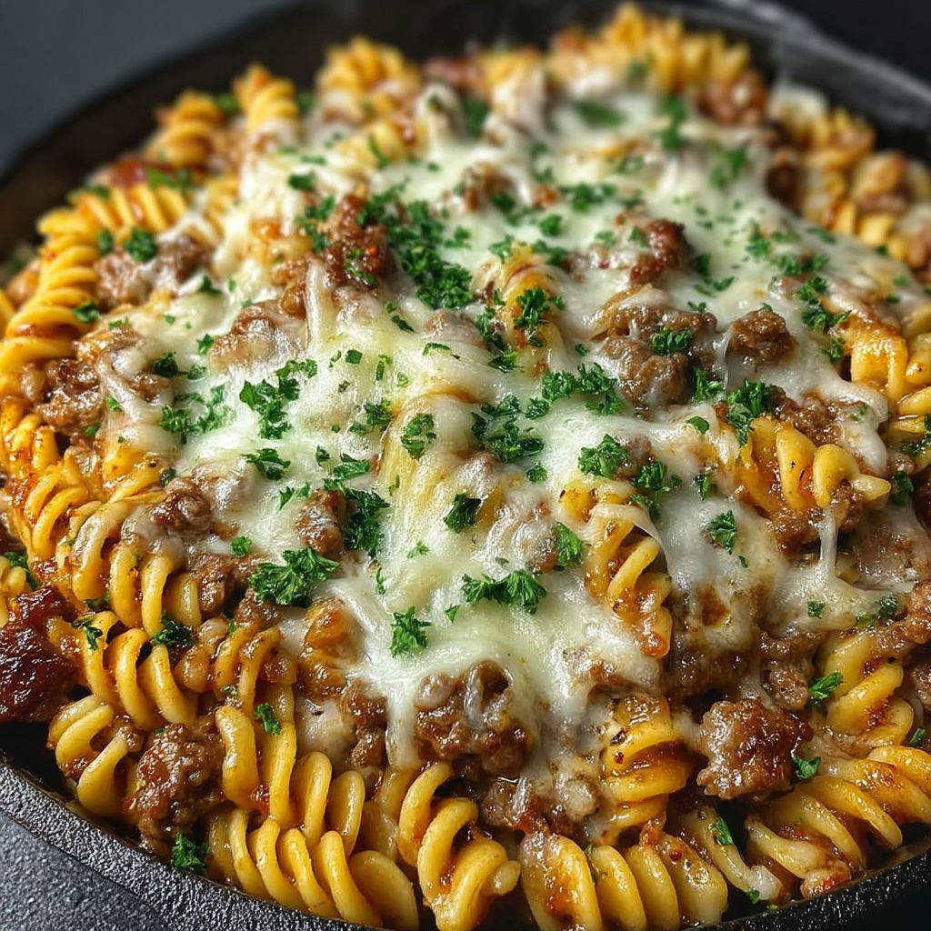 A close up of a cheese steak hamburger helper.