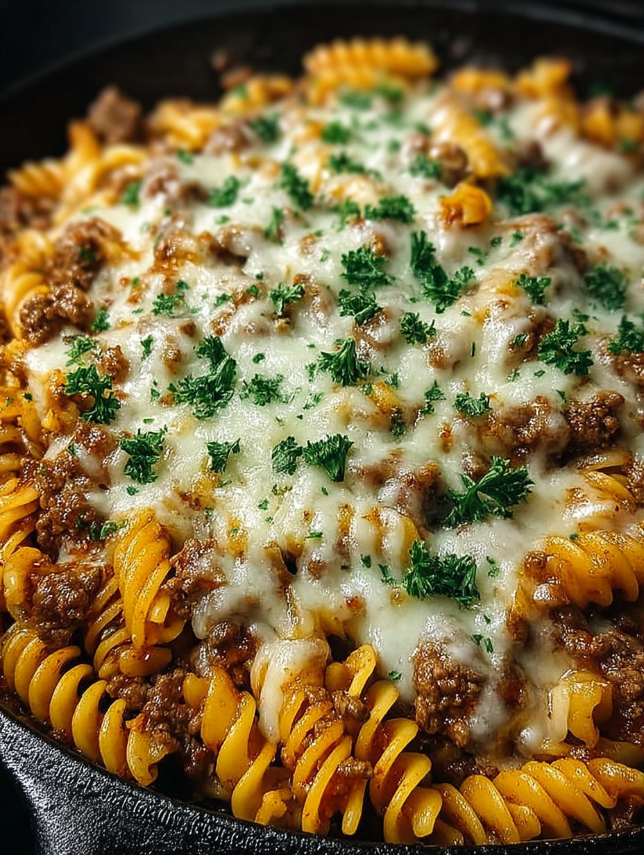 A close up of a cheese steak hamburger helper.