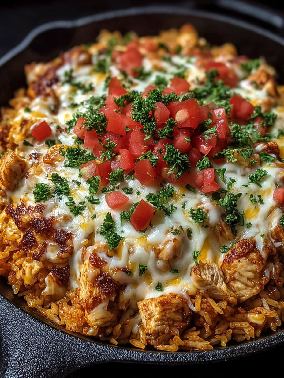A cheesy chicken taco rice dish with tomatoes and green onions.