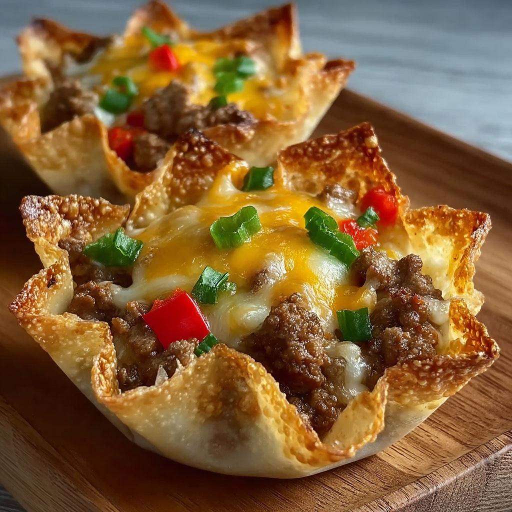 Two cheesy sausage wonton cups on a wooden table.