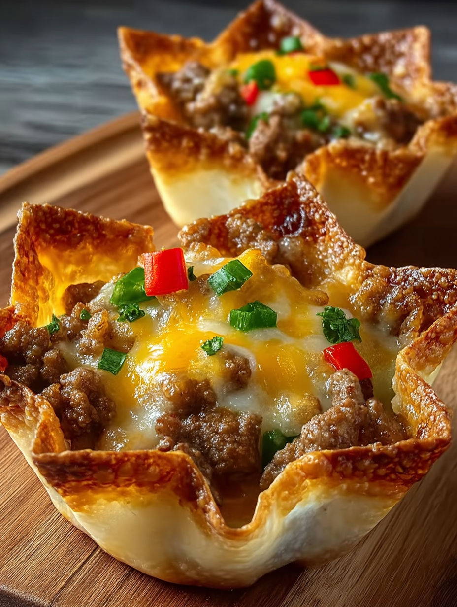 Two cheesy sausage wonton cups on a wooden table.