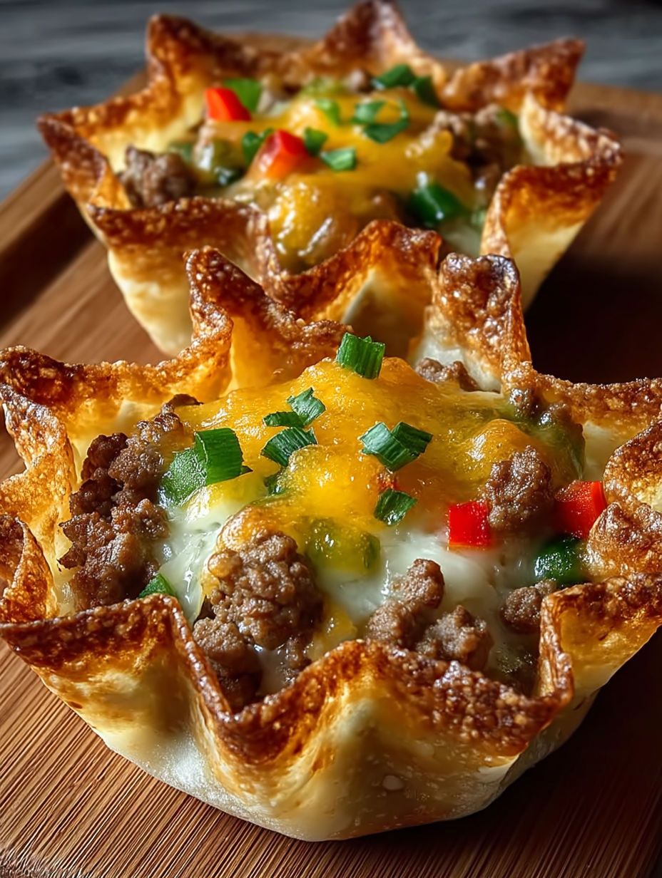 Two cheesy sausage wonton cups on a wooden table.