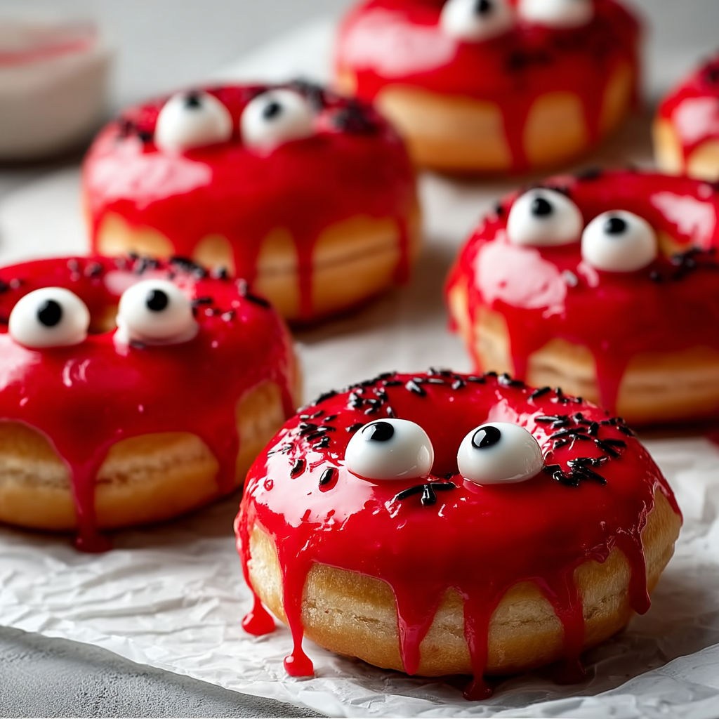 A plate of red frosted donuts with black eyes.
