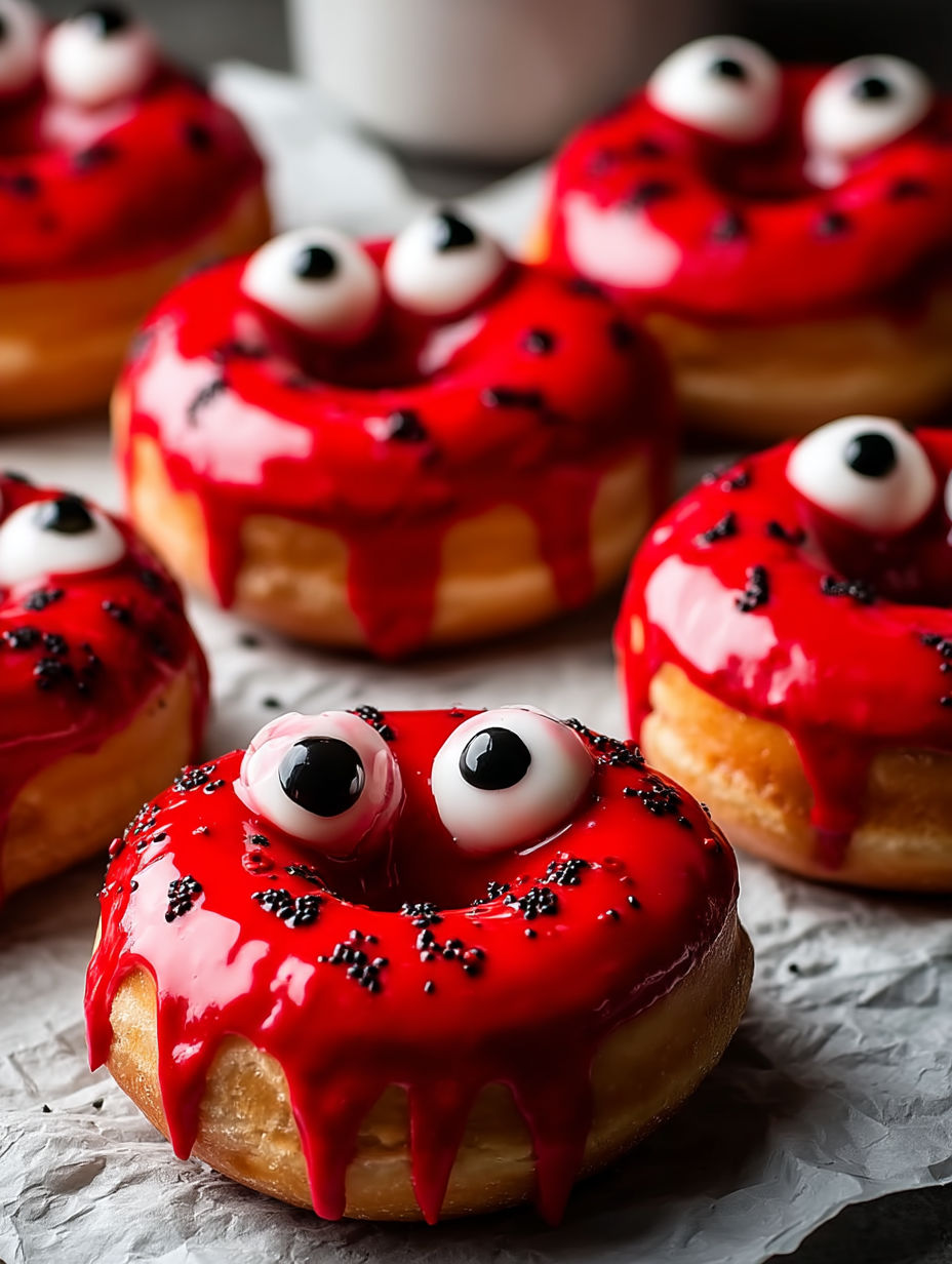 A close up of a red donut with black eyes and a mouth.