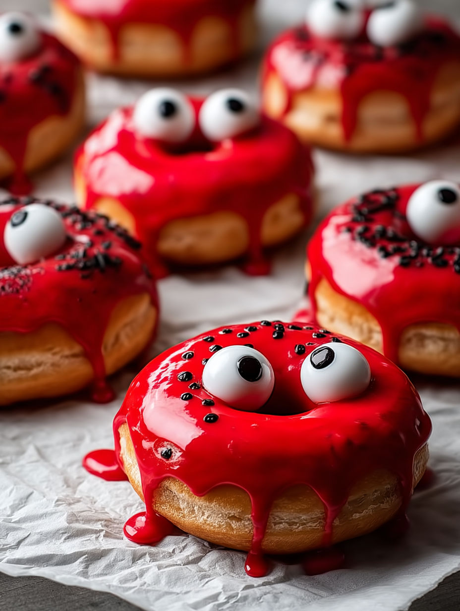 A close up of a red donut with a black eye and a black nose.