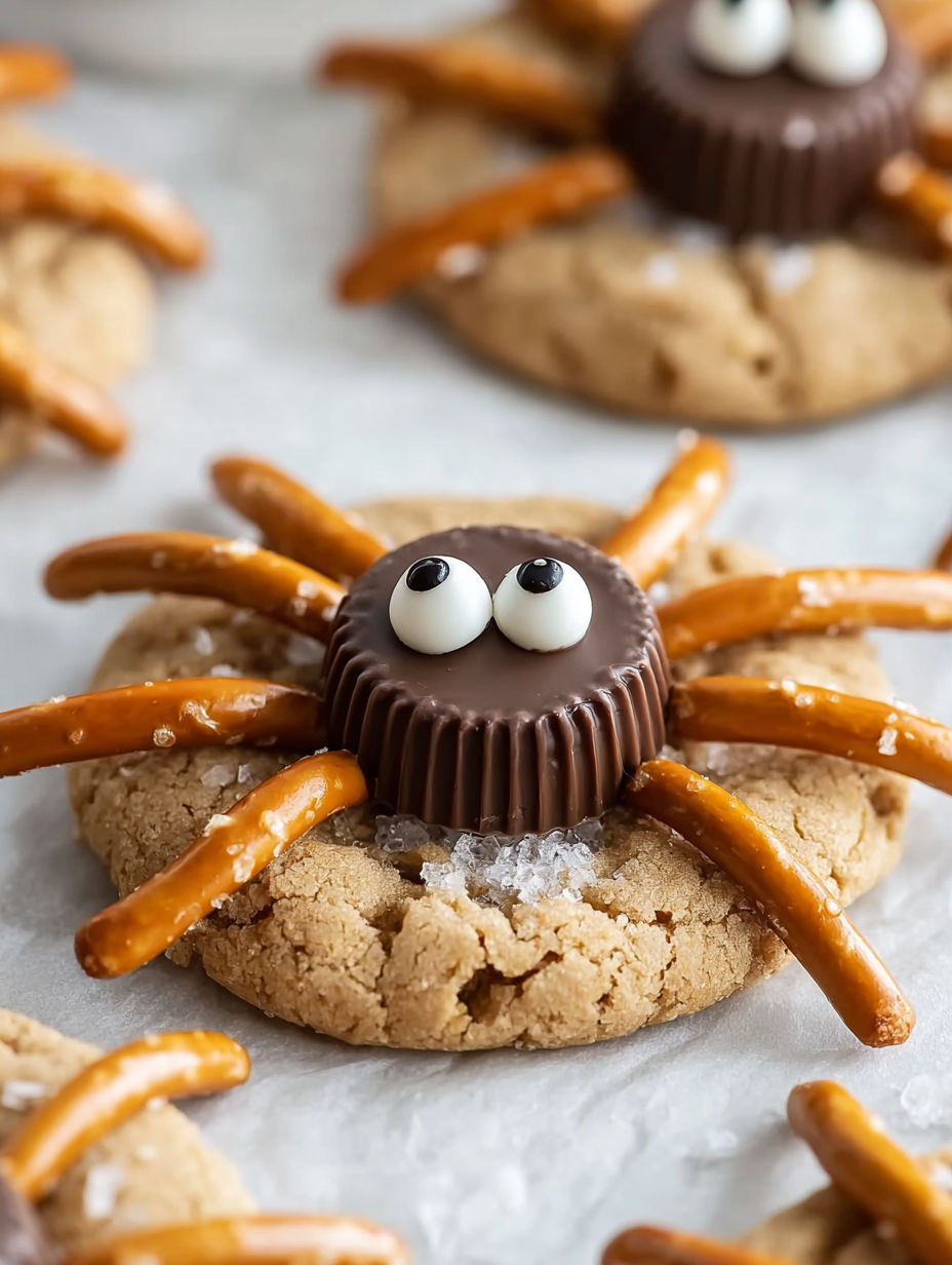A chocolate chip cookie with a candy spider on top.