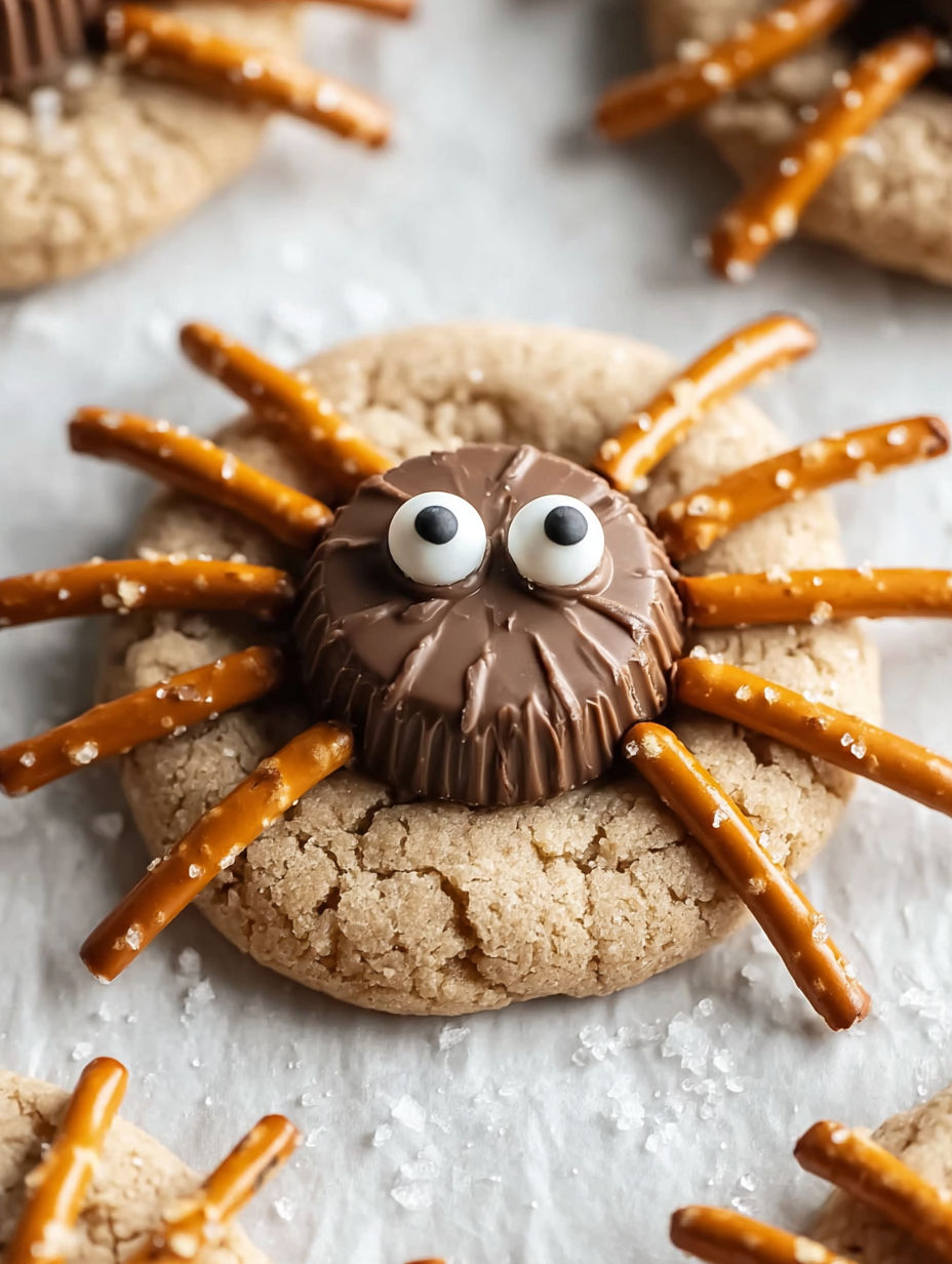 A chocolate chip cookie with a pretzel stick and a marshmallow shaped like a spider.