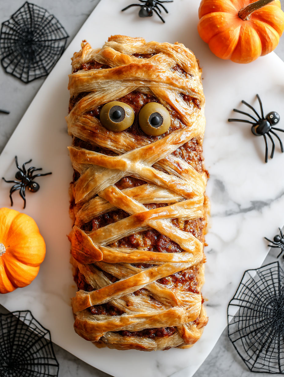A mummy meatloaf with olives for eyes.