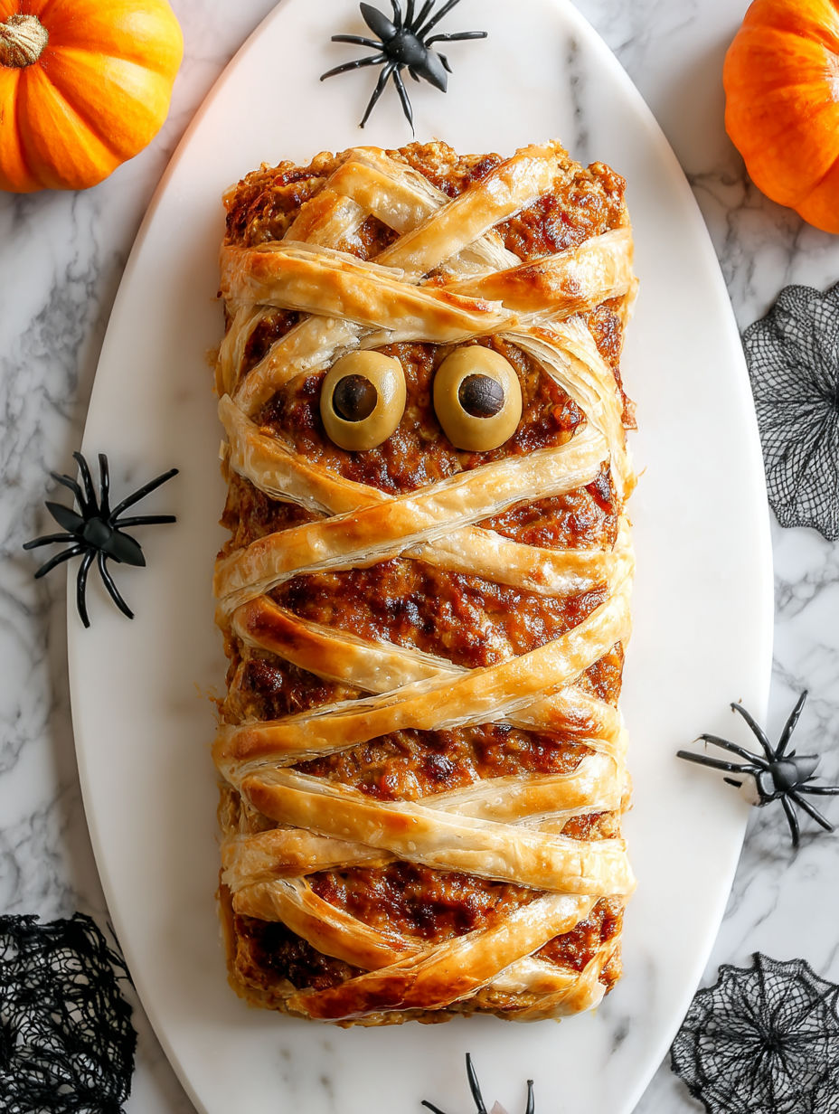 A mummy meatloaf with olives for eyes.