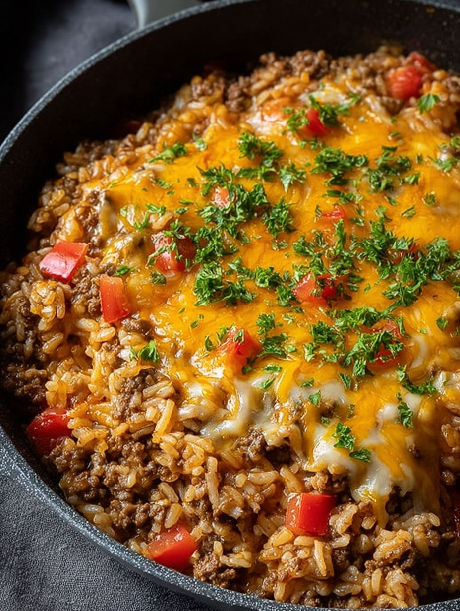 A delicious cheesy beef enchilada rice dish.