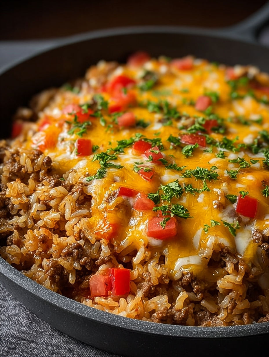 A close up of a delicious cheesy beef enchilada rice.