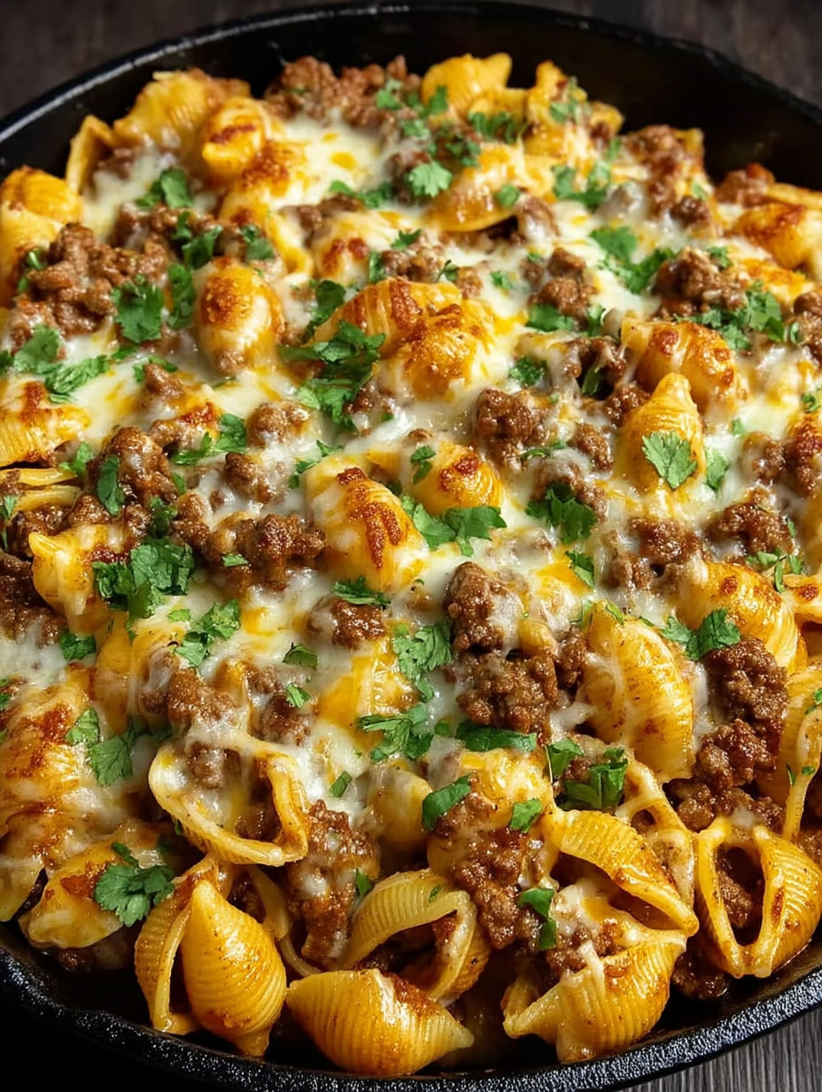 A close up of a cheesy enchilada hamburger helper.