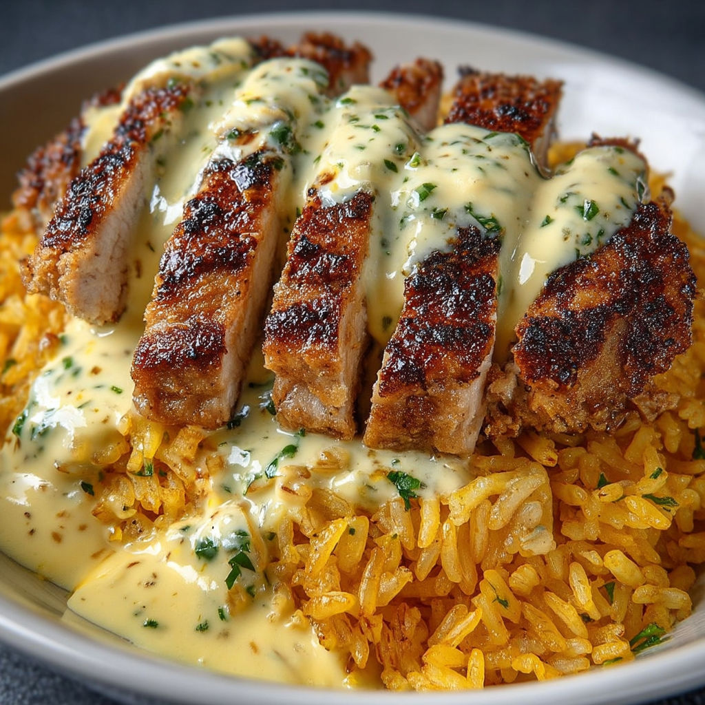 A plate of rice with chicken and creamy sauce.