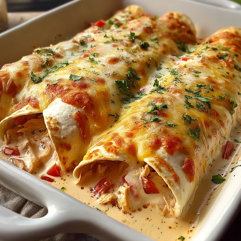 A dish of chicken enchiladas with cheese and tomatoes.