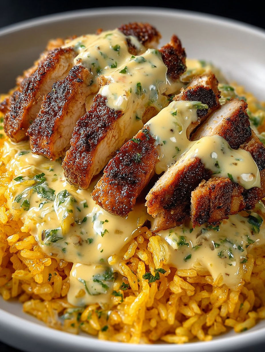 A plate of rice with chicken and creamy sauce.