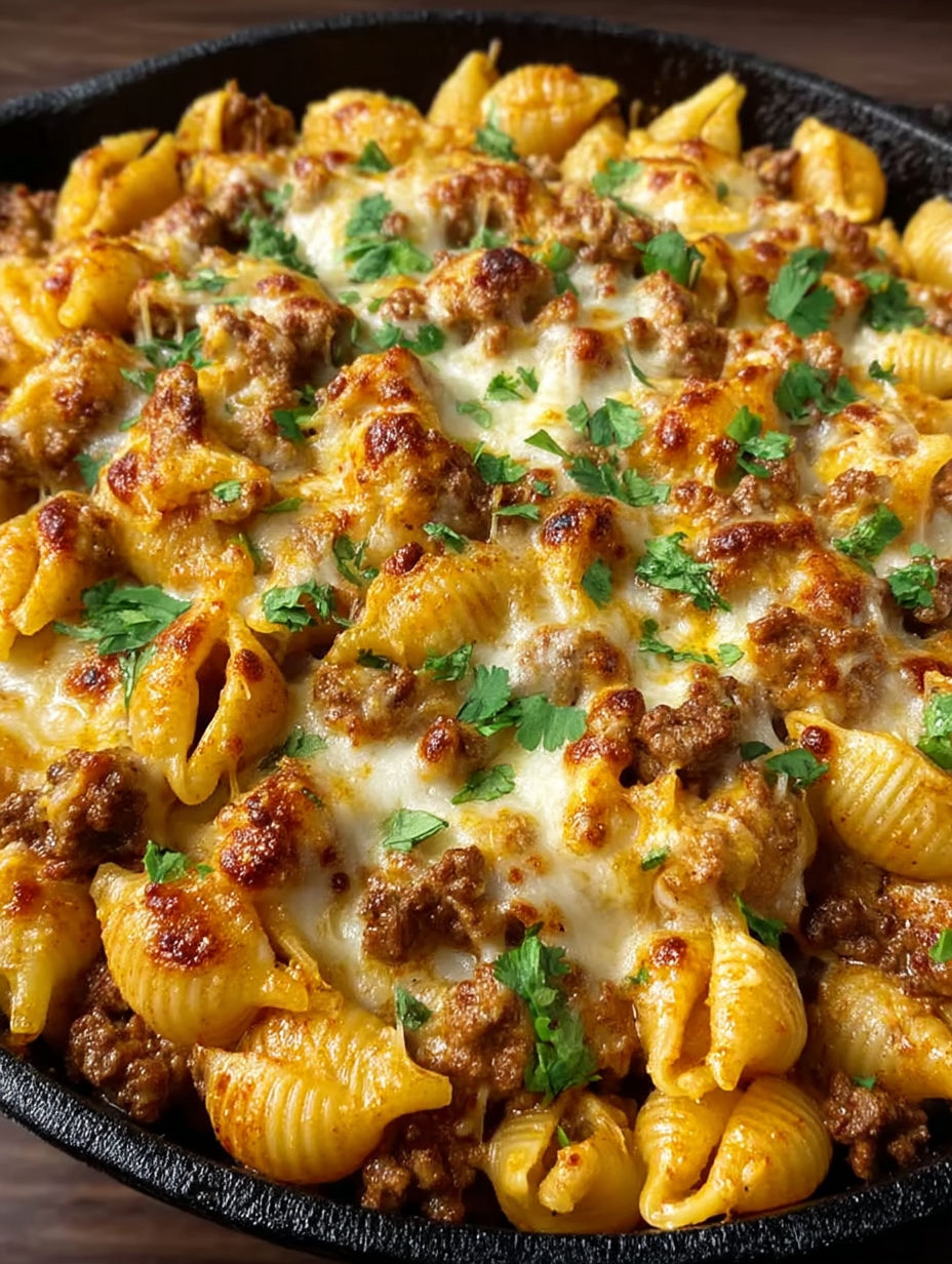 A close up of a cheesy enchilada hamburger helper.
