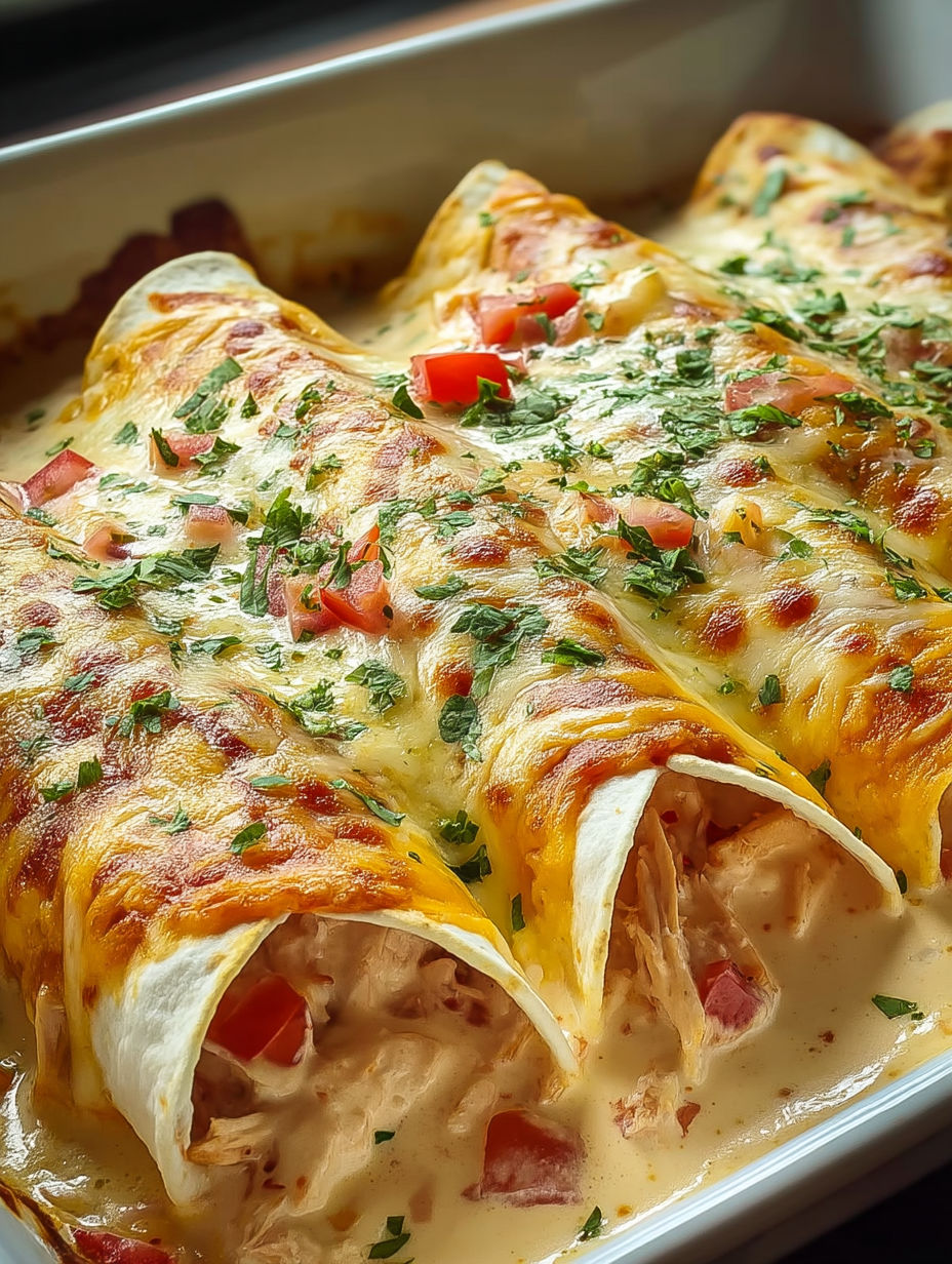 A dish of chicken enchiladas with tomatoes and cheese.