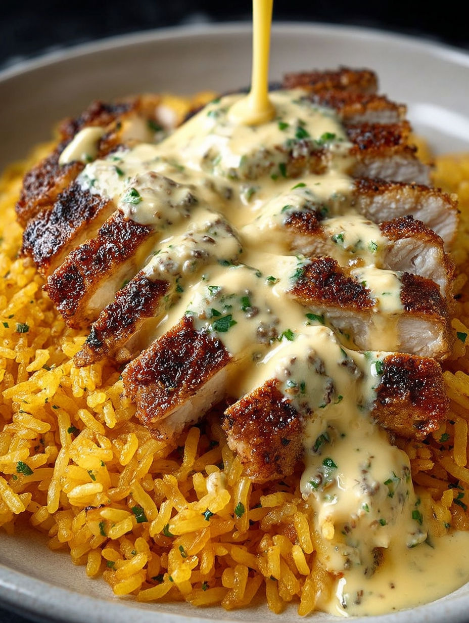 A plate of rice with chicken and creamy sauce.