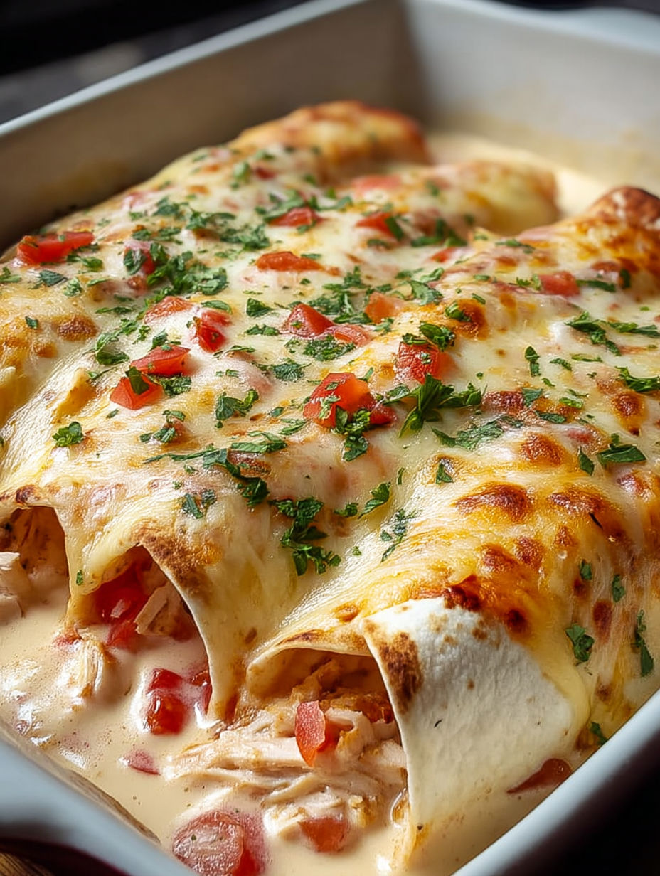 A dish of chicken enchiladas with cheese and tomatoes.