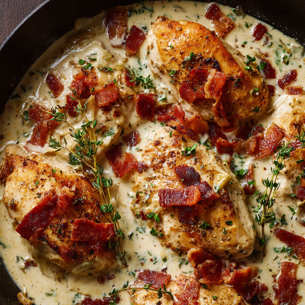 A dish of chicken with bacon and garlic.