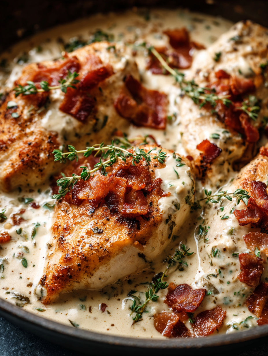 A dish of chicken covered in a creamy garlic parmesan sauce.
