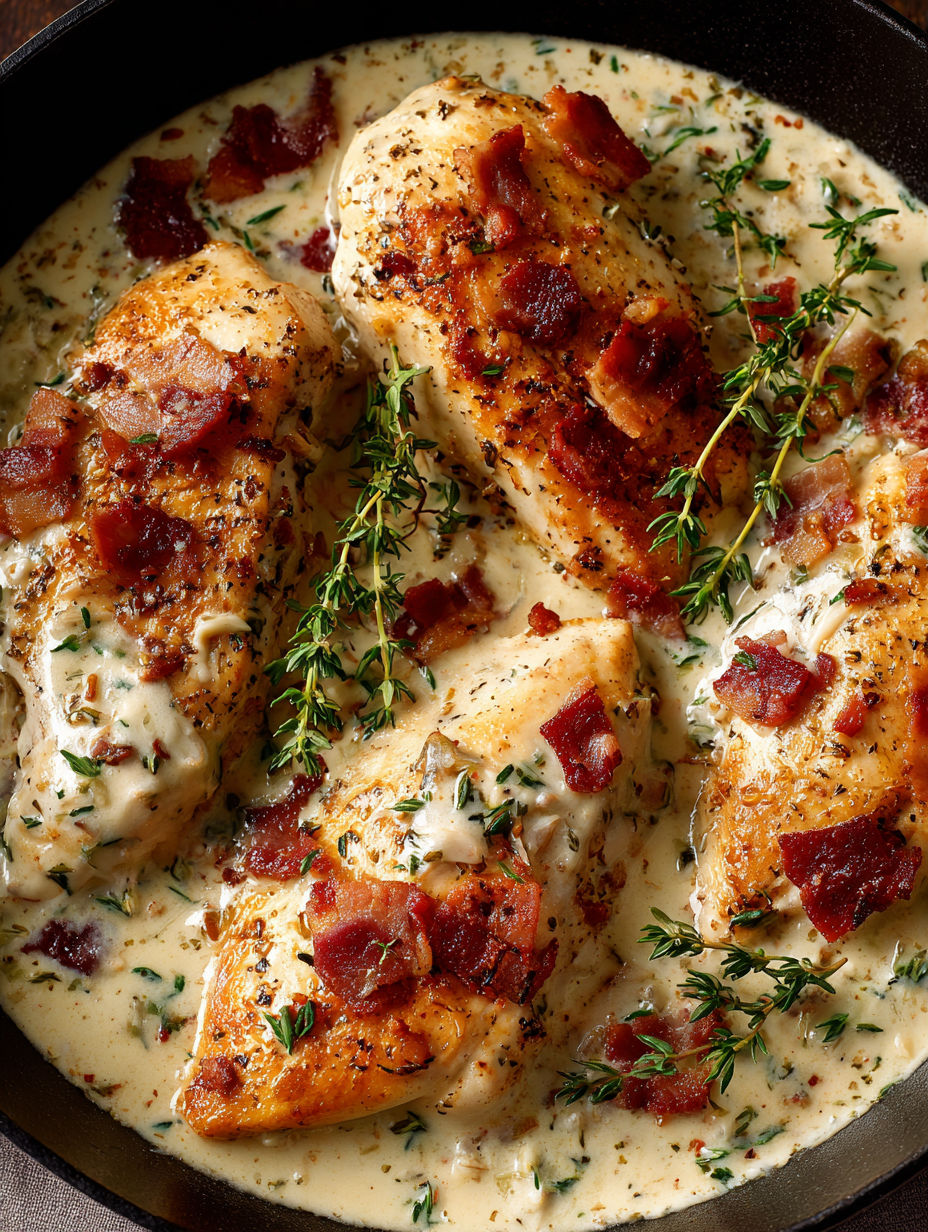Chicken with bacon and herbs in a creamy garlic parmesan sauce.