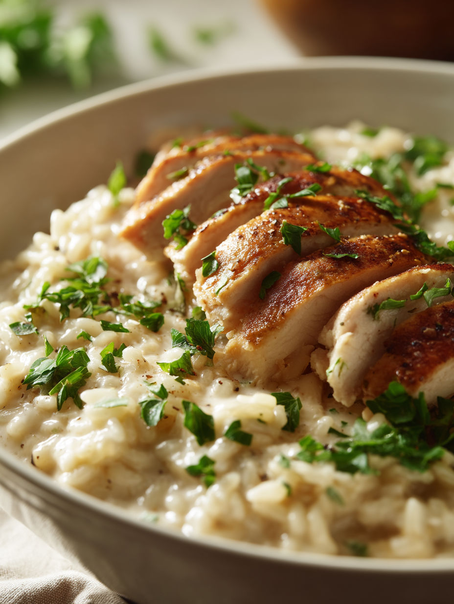 A bowl of rice with chicken and herbs.