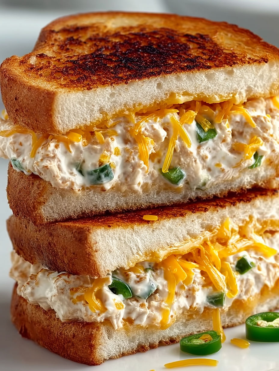 A stack of grilled cheese sandwiches with chicken and peppers.