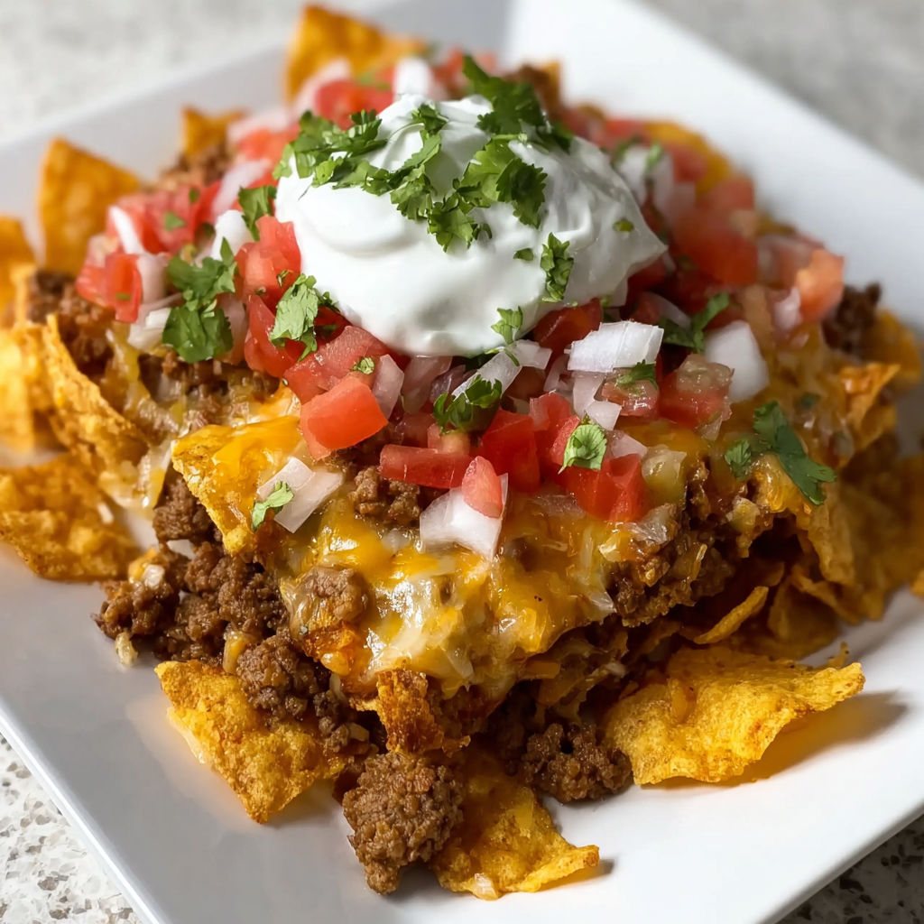 A plate of cheesy Dorito taco casserole.