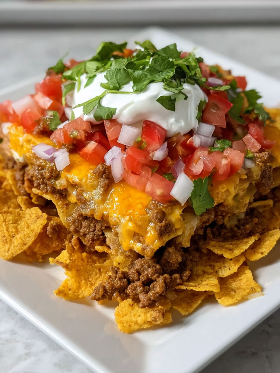 A plate of cheesy Dorito taco casserole.