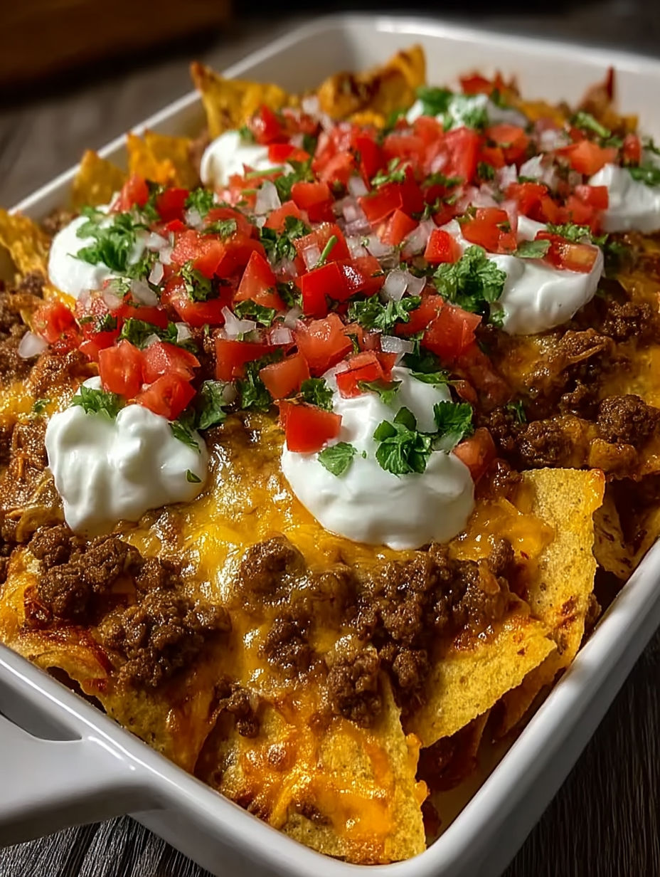 A cheesy Dorito taco casserole in a white bowl.