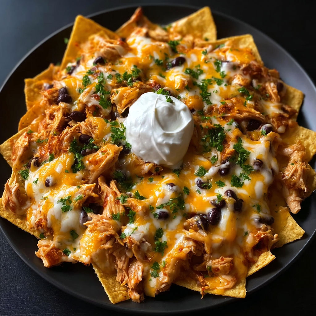 A plate of nachos with a dollop of sour cream on top.