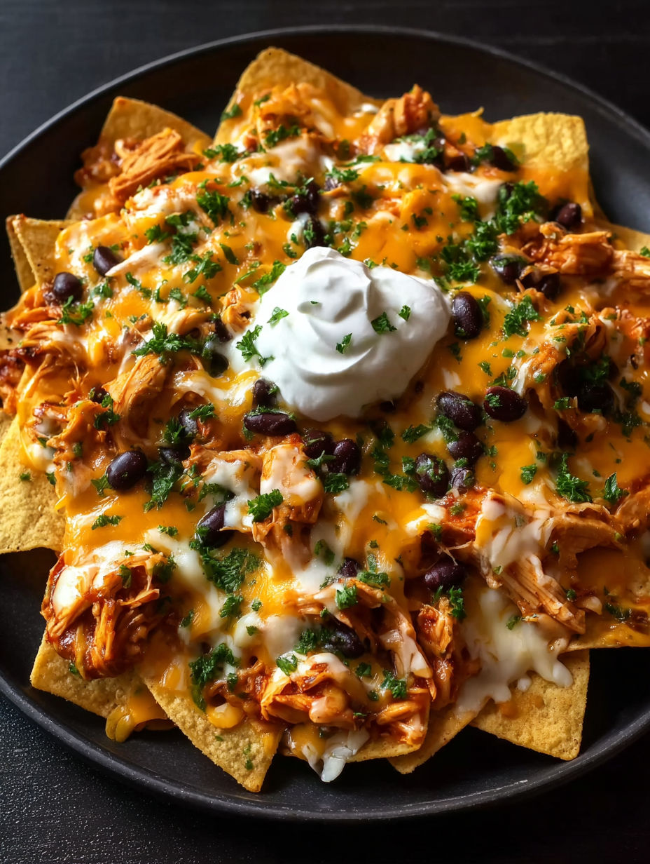 A plate of nachos with a dollop of sour cream on top.