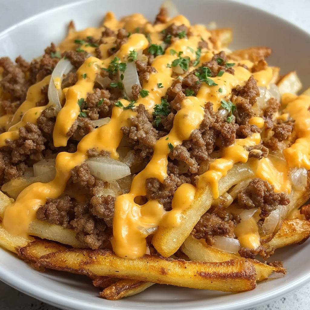 A plate of food with a cheeseburger and fries.