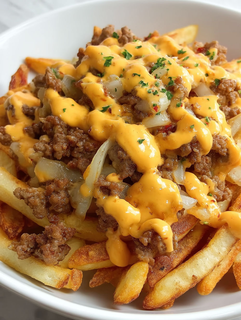 A cheeseburger french fry casserole with cheese and onions.