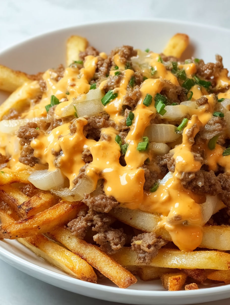 A cheeseburger french fry casserole with onions and cheese.