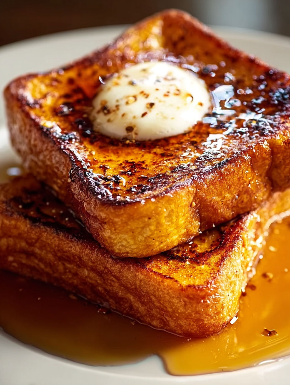 A stack of French toast with a fried egg on top.