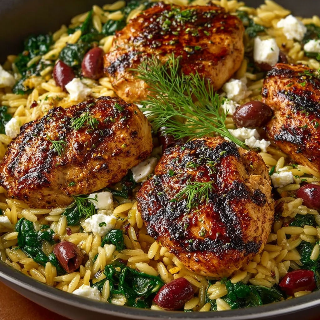 A delicious one-pan Greek chicken skillet with orzo.