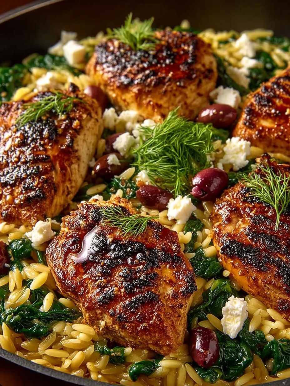 A delicious one-pan Greek chicken skillet with orzo.